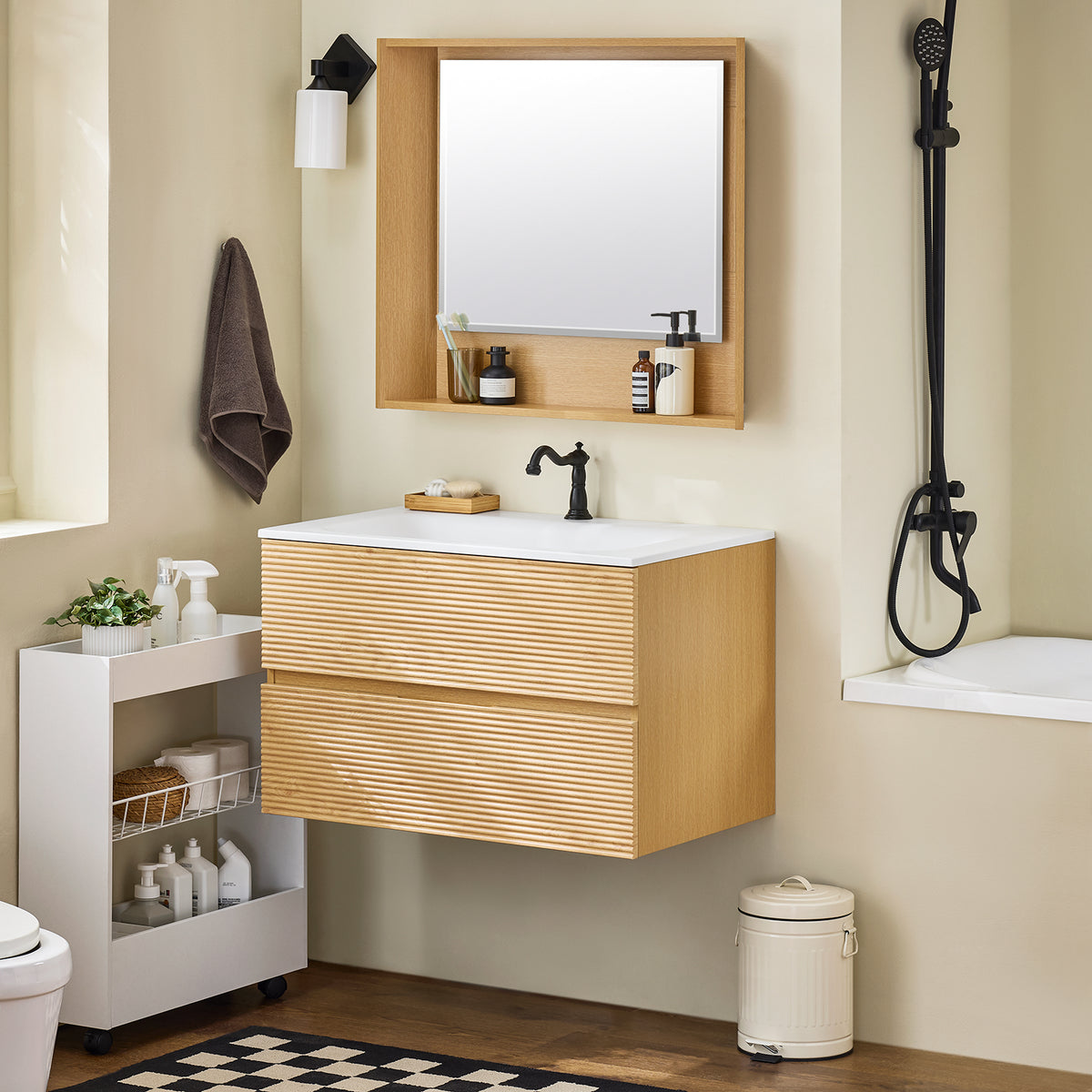 SoBuy BZR198-N Bathroom Vanity Set with Wall Mirror – Narrow Ceramic Washbasin Cabinet Storage Shelf Natural