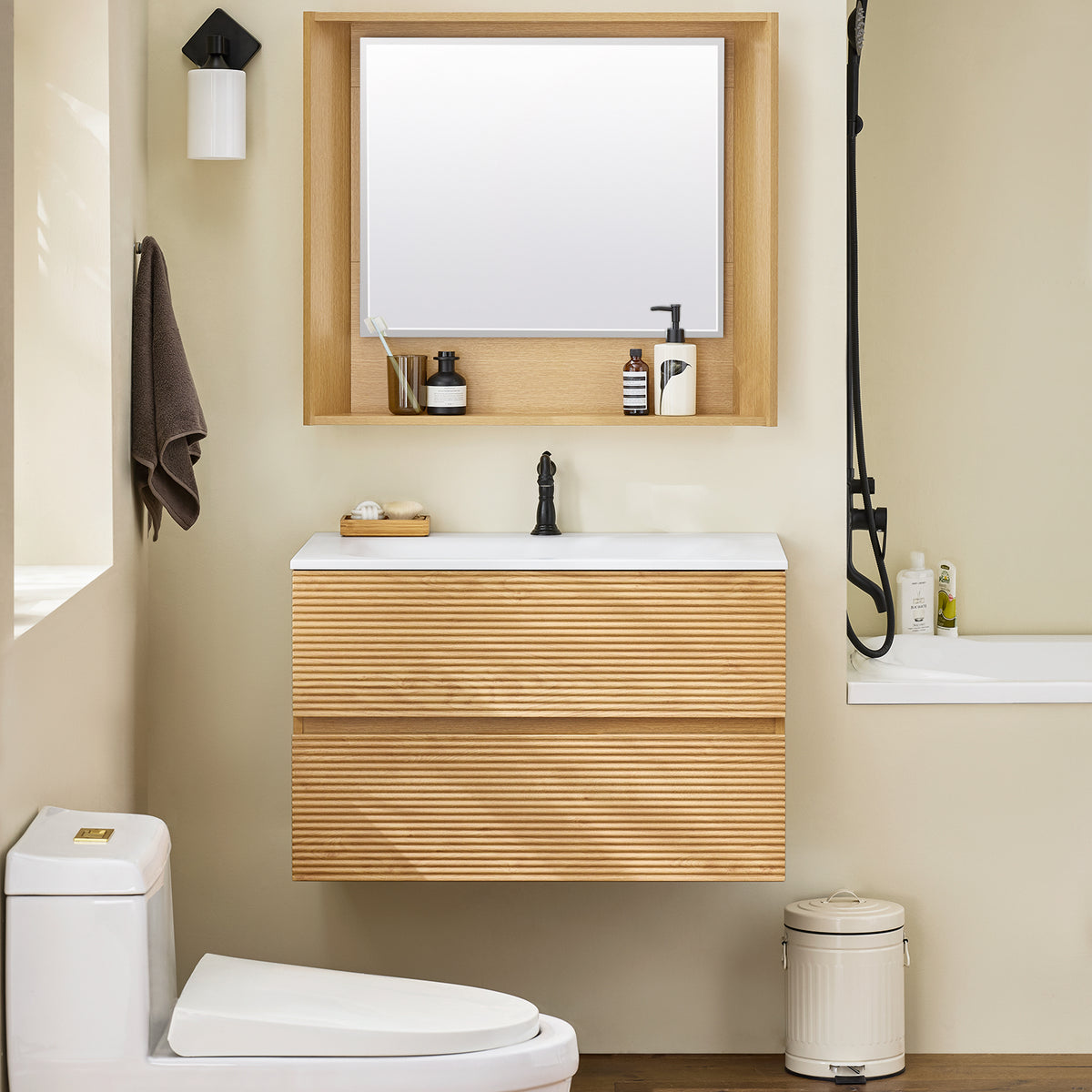 SoBuy BZR198-N Bathroom Vanity Set with Wall Mirror – Narrow Ceramic Washbasin Cabinet Storage Shelf Natural