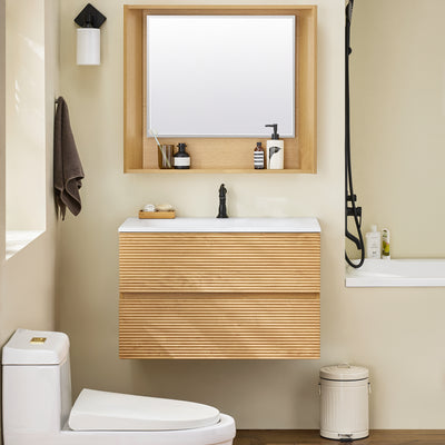 SoBuy BZR198-N Bathroom Vanity Set with Wall Mirror – Narrow Ceramic Washbasin Cabinet Storage Shelf Natural