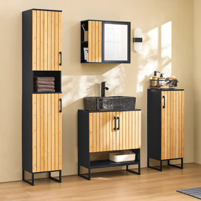 SoBuy BZR202-SCH, Under Sink Bathroom Cabinet Slim Bathroom Storage Unit with Bamboo Doors, Waterproof Legs & Adjustable Shelf Modern Cupboard for Small Bathroom or Guest Toilet