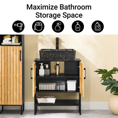 SoBuy BZR202-SCH, Under Sink Bathroom Cabinet Slim Bathroom Storage Unit with Bamboo Doors, Waterproof Legs & Adjustable Shelf Modern Cupboard for Small Bathroom or Guest Toilet