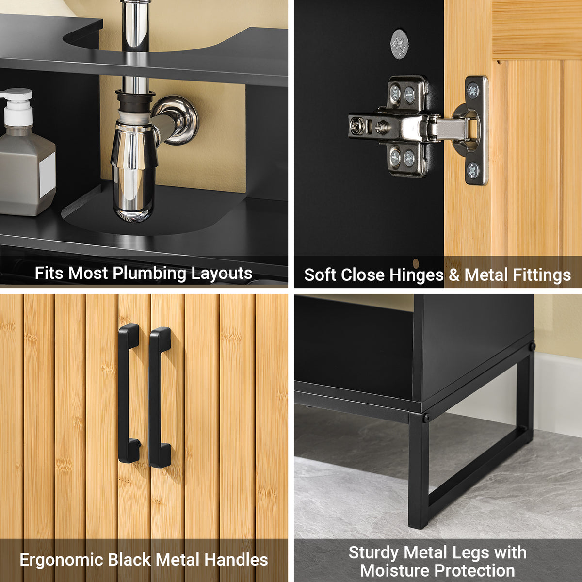 SoBuy BZR202-SCH, Under Sink Bathroom Cabinet Slim Bathroom Storage Unit with Bamboo Doors, Waterproof Legs & Adjustable Shelf Modern Cupboard for Small Bathroom or Guest Toilet
