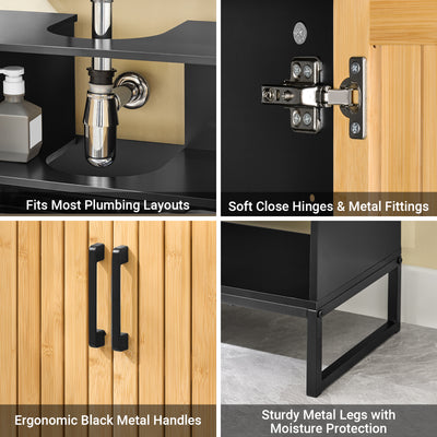 SoBuy BZR202-SCH, Under Sink Bathroom Cabinet Slim Bathroom Storage Unit with Bamboo Doors, Waterproof Legs & Adjustable Shelf Modern Cupboard for Small Bathroom or Guest Toilet