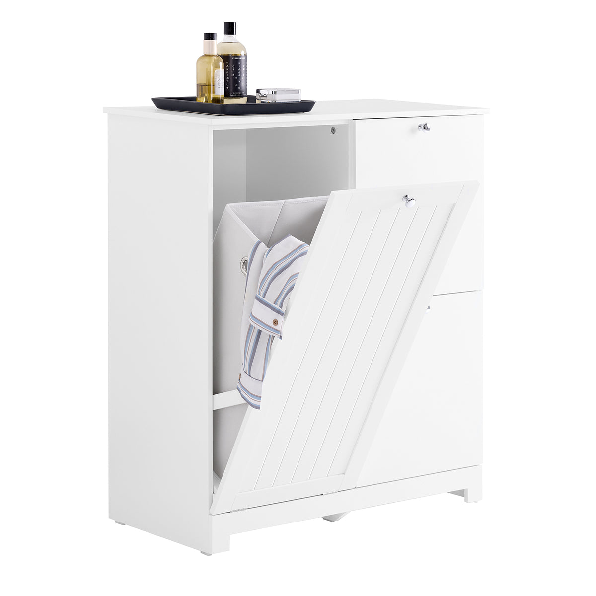 SoBuy BZR213-W, Slim Bathroom Storage Cabinet with 3 Laundry Baskets – Tall Narrow Freestanding Unit 78x38x90cm – 1 Large Integrated Hamper & 2 Removable Fabric Bins – White Bathroom Furniture