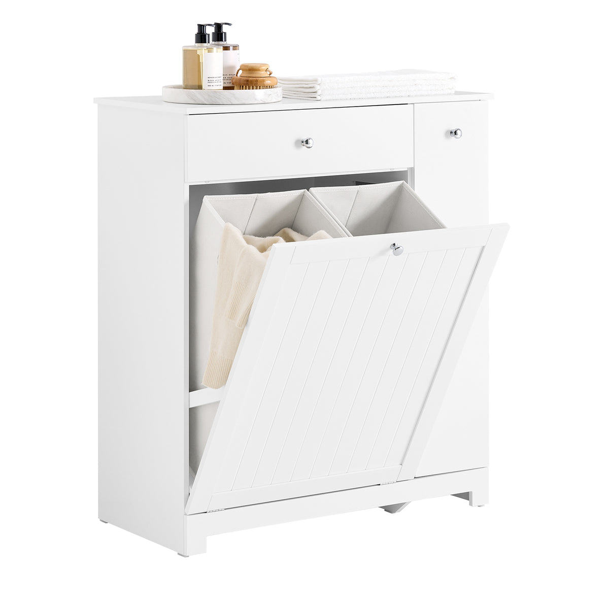 Pre-sale SoBuy BZR214-W, Tall Slim Bathroom Storage Cabinet with 1 Drawer, 2 Laundry Hampers and Side Pull-Out Shelf – Freestanding Narrow Bathroom Unit, 78x38x90cm White