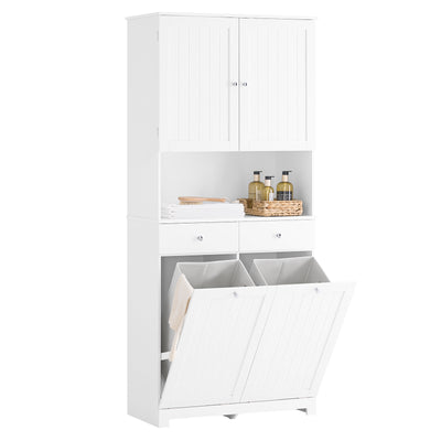 SoBuy BZR215-W, Tall Slim Bathroom Storage Cabinet with 2 Laundry Hampers & 2 Drawers, 78x38x181cm, Narrow Freestanding Bathroom Unit with Open Shelf & Cupboard – Bathroom Furniture for Small Spaces