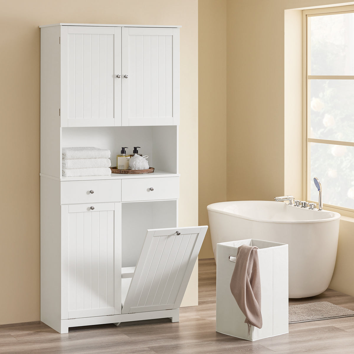 SoBuy BZR215-W, Tall Slim Bathroom Storage Cabinet with 2 Laundry Hampers & 2 Drawers, 78x38x181cm, Narrow Freestanding Bathroom Unit with Open Shelf & Cupboard – Bathroom Furniture for Small Spaces