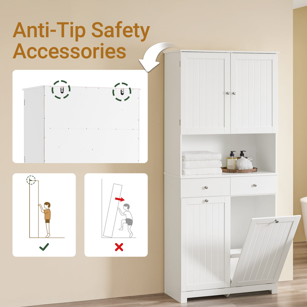 SoBuy BZR215-W, Tall Slim Bathroom Storage Cabinet with 2 Laundry Hampers & 2 Drawers, 78x38x181cm, Narrow Freestanding Bathroom Unit with Open Shelf & Cupboard – Bathroom Furniture for Small Spaces