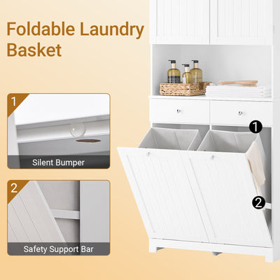 SoBuy BZR215-W, Tall Slim Bathroom Storage Cabinet with 2 Laundry Hampers & 2 Drawers, 78x38x181cm, Narrow Freestanding Bathroom Unit with Open Shelf & Cupboard – Bathroom Furniture for Small Spaces