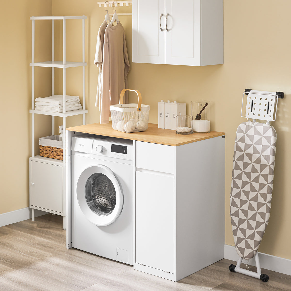 SoBuy BZR217-WN Washing Machine Cabinet – Bathroom Cabinet with Laundry Basket & Drawer, for Washing Machine & Dryer, Storage Unit in wood, White, 100×60×90 cm