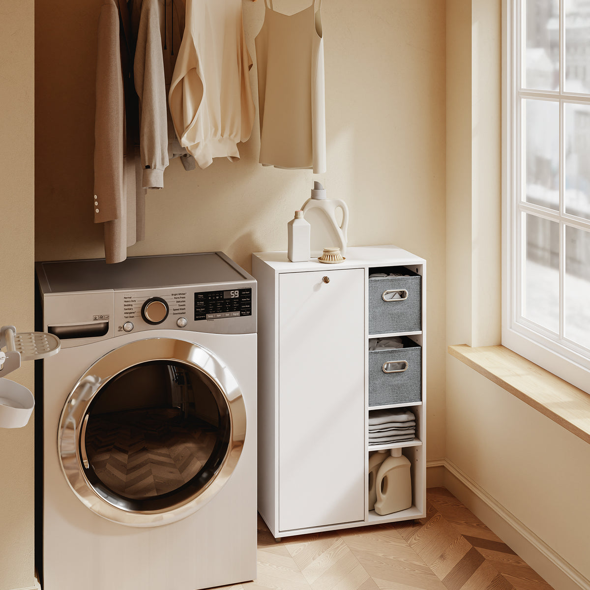 SoBuy BZR218-W, Bathroom Storage Cabinet, Slim Laundry Cupboard with Laundry Hamper, Narrow Storage Unit with 2 Removable Fabric Baskets & Adjustable Shelves for Small Spaces, 50x30x85 cm, White