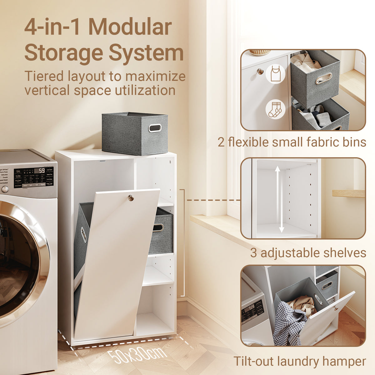 Pre-sale SoBuy BZR218-W, Bathroom Storage Cabinet, Slim Laundry Cupboard with Laundry Hamper, Narrow Storage Unit with 2 Removable Fabric Baskets & Adjustable Shelves for Small Spaces, 50x30x85 cm, White