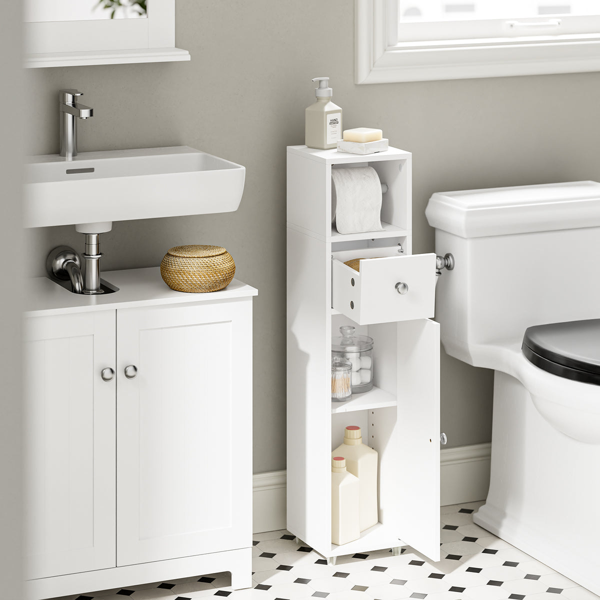Pre-sale SoBuy BZR219-W, Slim Bathroom Storage Cabinet Cupboard, Narrow Toilet Bathroom Cabinet with Door & Adjustable Shelves, White, 20x20x85 cm