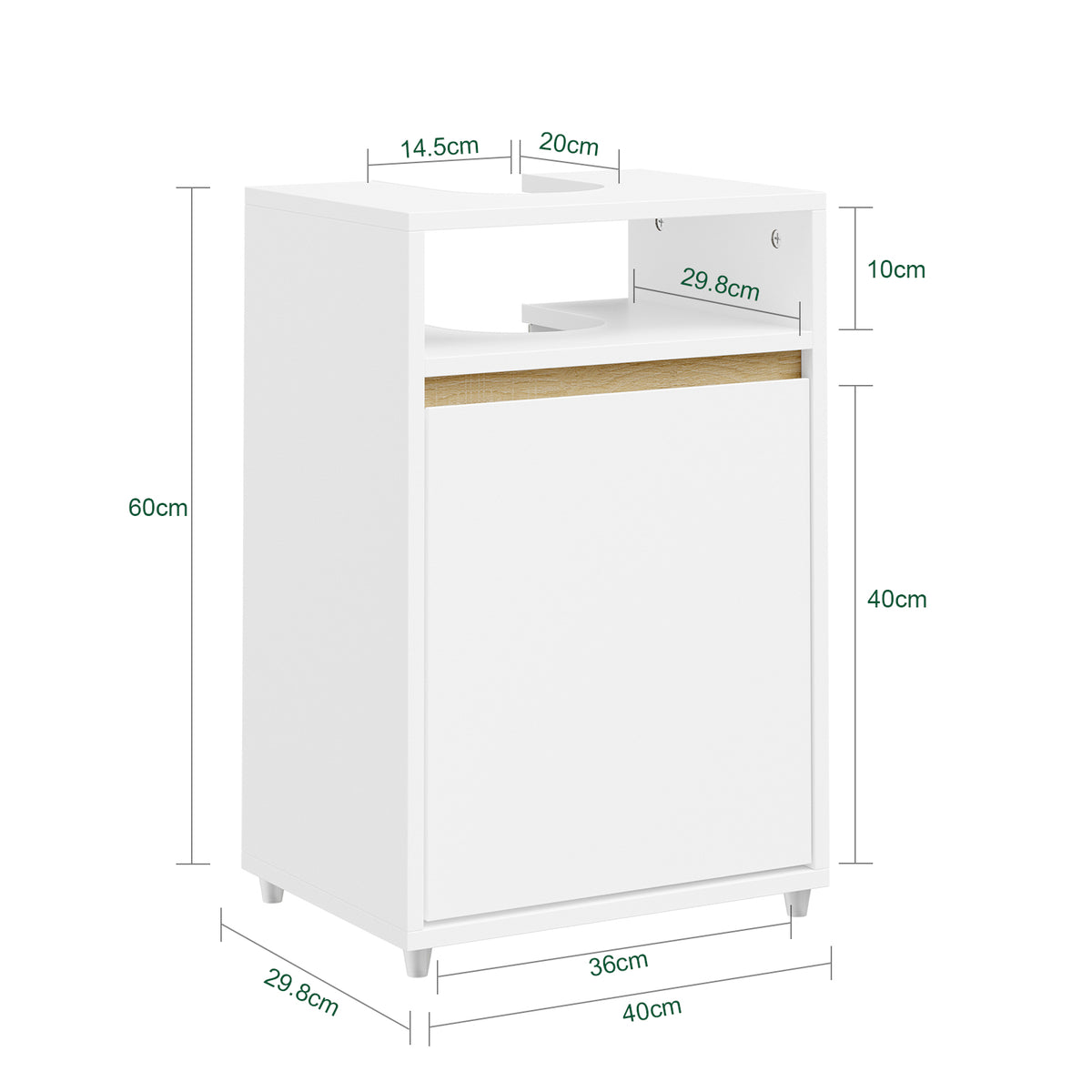 SoBuy BZR222-W, Under Sink Bathroom Cabinet 40cm Wide with Open Shelf & Raised Feet | Bathroom Storage Unit with Siphon Cut-Out, Door & Hidden Handle, Basin Cupboard for Small Spaces, White, 40x30x60cm