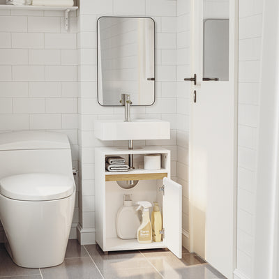 SoBuy BZR222-W, Under Sink Bathroom Cabinet 40cm Wide with Open Shelf & Raised Feet | Bathroom Storage Unit with Siphon Cut-Out, Door & Hidden Handle, Basin Cupboard for Small Spaces, White, 40x30x60cm