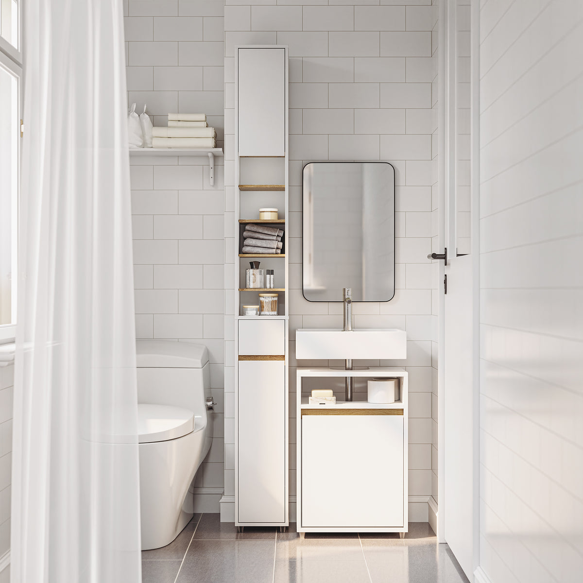 SoBuy BZR222-W, Under Sink Bathroom Cabinet 40cm Wide with Open Shelf & Raised Feet | Bathroom Storage Unit with Siphon Cut-Out, Door & Hidden Handle, Basin Cupboard for Small Spaces, White, 40x30x60cm