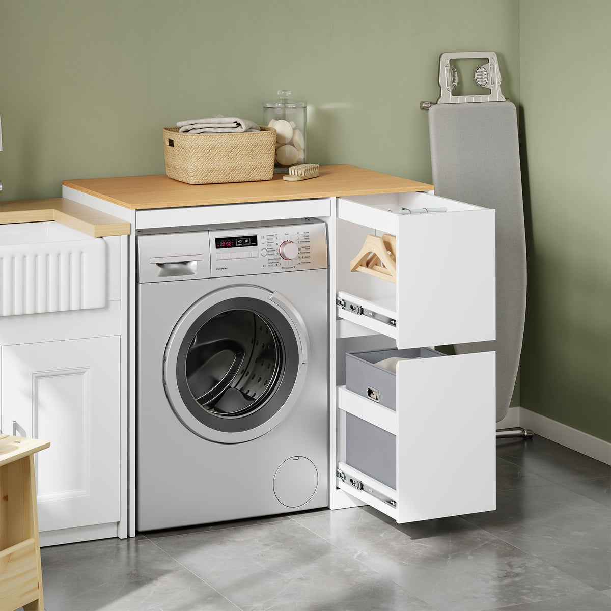 SoBuy BZR223-WN, Washing Machine Cabinet 100cm Wide with Hanging Rail & Laundry Basket, White, 100x60x95cm