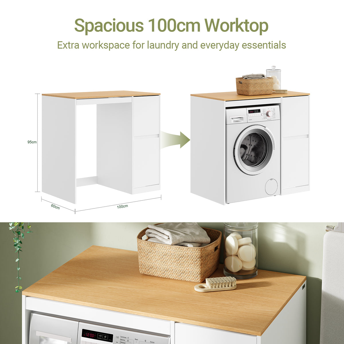 Pre-sale SoBuy BZR223-WN, Washing Machine Cabinet 100cm Wide with Hanging Rail & Laundry Basket, White, 100x60x95cm