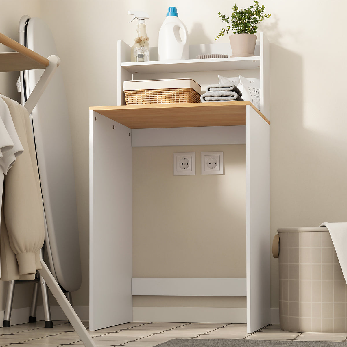 SoBuy BZR224-WN, Over Washing Machine Storage Cabinet with Oak Effect Top & 2 Open Shelves, White, 66x60x126cm - view 9