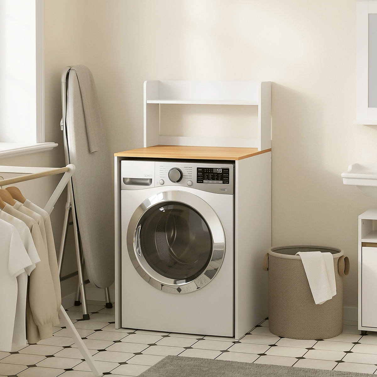 SoBuy BZR224-WN, Over Washing Machine Storage Cabinet with Oak Effect Top & 2 Open Shelves, White, 66x60x126cm - view 11