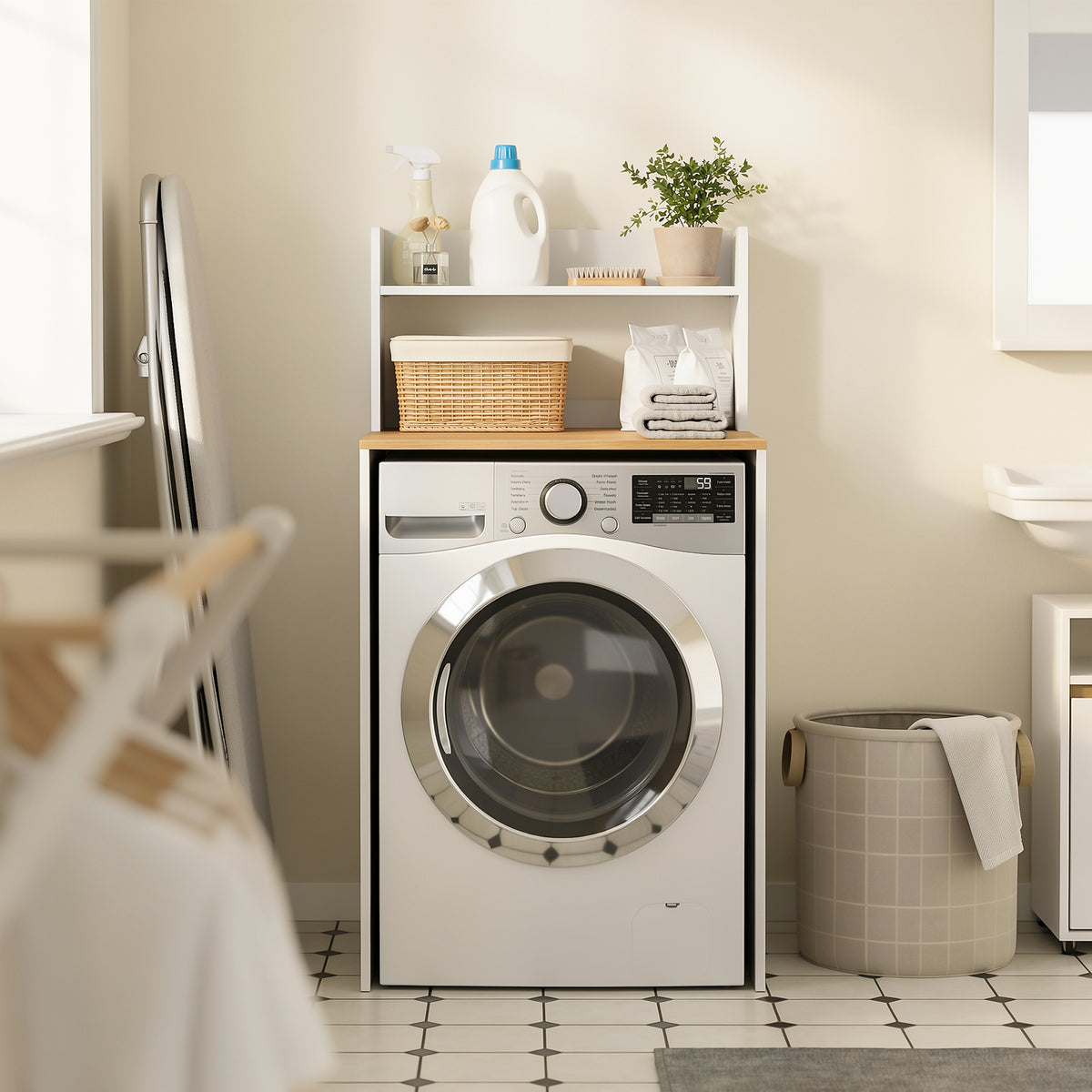 SoBuy BZR224-WN, Over Washing Machine Storage Cabinet with Oak Effect Top & 2 Open Shelves, White, 66x60x126cm - view 12