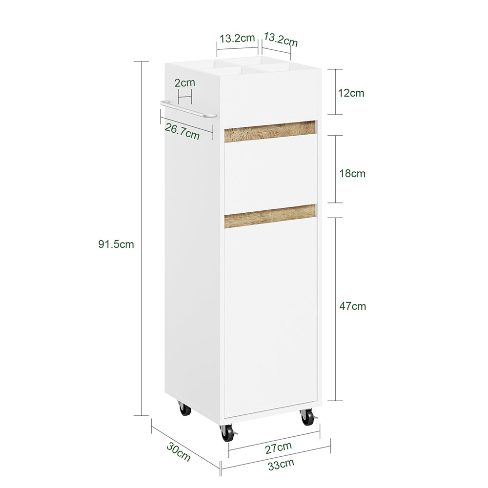 SoBuy BZR225-WN, Slim Bathroom Cabinet with Towel Bar & 4 Lockable Wheels, White, 33x30x91cm - view 3