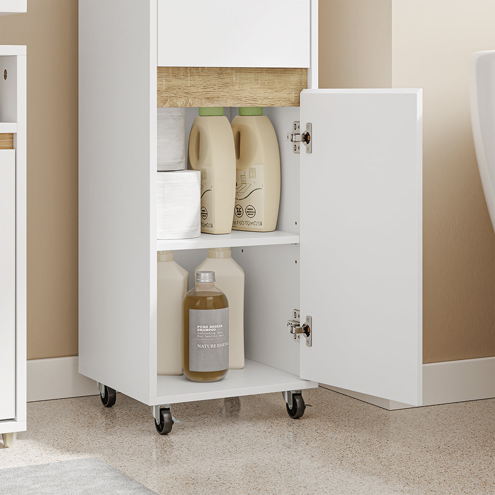 SoBuy BZR225-WN, Slim Bathroom Cabinet with Towel Bar & 4 Lockable Wheels, White, 33x30x91cm - view 12