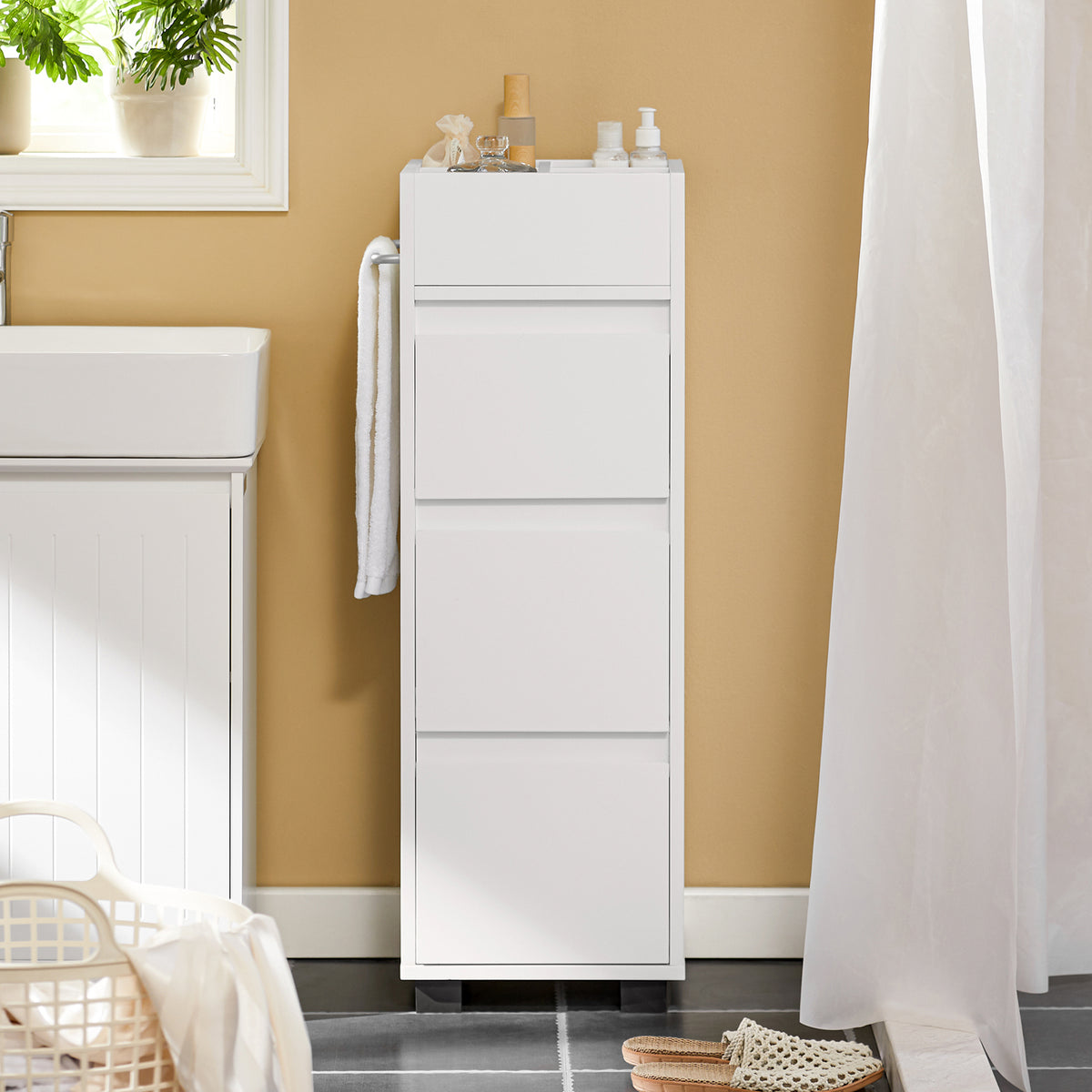 SoBuy BZR29-W narrow white bathroom storage cabinet with towel bar in bathroom setting