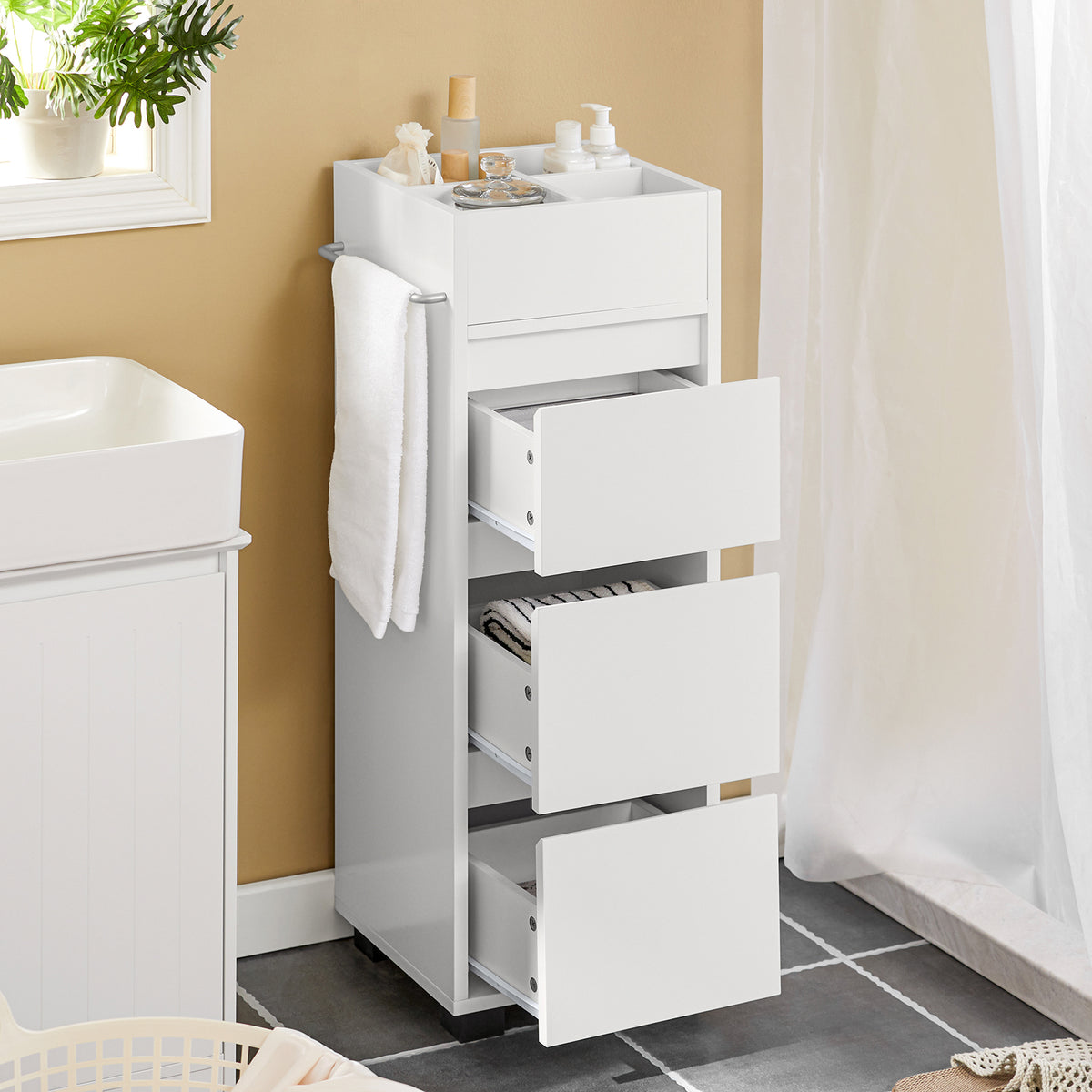 SoBuy BZR29-W white bathroom cabinet in use – organised drawers and shelves with toiletries