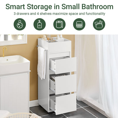 SoBuy BZR29-W white bathroom cabinet full overview – 3 drawers 4 shelves and side towel bar
