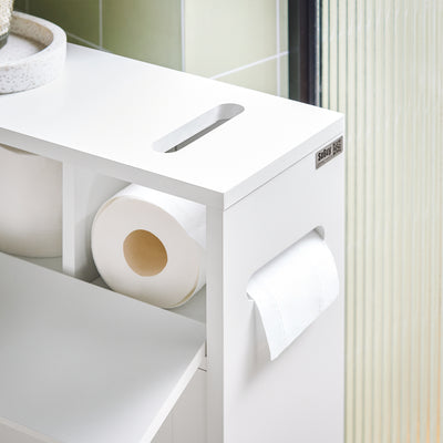SoBuy BZR31-W, Slim Bathroom Cabinet on Wheels – Narrow Bathroom Storage Uint– Storage Cupboard for Small Space, Toilet Paper Holder with Sliding Doors and Flap, 52 x 68 x 17 cm, White