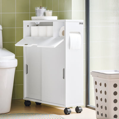 SoBuy BZR31-W, Slim Bathroom Cabinet on Wheels – Narrow Bathroom Storage Uint– Storage Cupboard for Small Space, Toilet Paper Holder with Sliding Doors and Flap, 52 x 68 x 17 cm, White