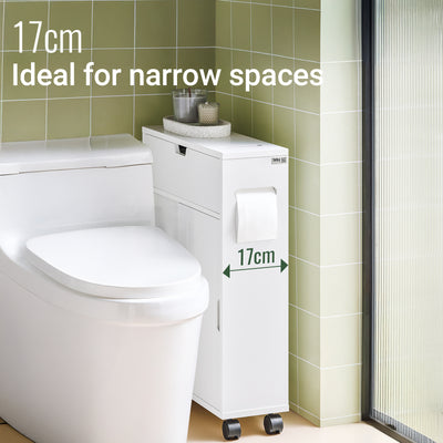 SoBuy BZR31-W, Slim Bathroom Cabinet on Wheels – Narrow Bathroom Storage Uint– Storage Cupboard for Small Space, Toilet Paper Holder with Sliding Doors and Flap, 52 x 68 x 17 cm, White