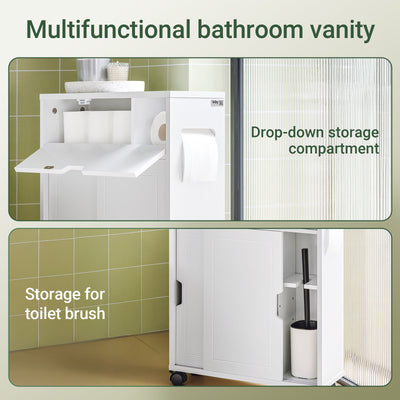 SoBuy BZR31-W, Slim Bathroom Cabinet on Wheels – Narrow Bathroom Storage Uint– Storage Cupboard for Small Space, Toilet Paper Holder with Sliding Doors and Flap, 52 x 68 x 17 cm, White