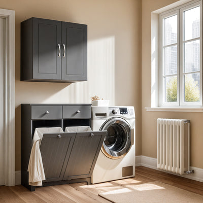 SoBuy BZR33-II-DG, Bathroom Cabinet with Laundry Baskets - Bathroom Storage Unit with 2 Drawers and 2 Removable Baskets, Laundry Cabinet for Towel Storage in MDF Grey, W78 x D38 x H90cm