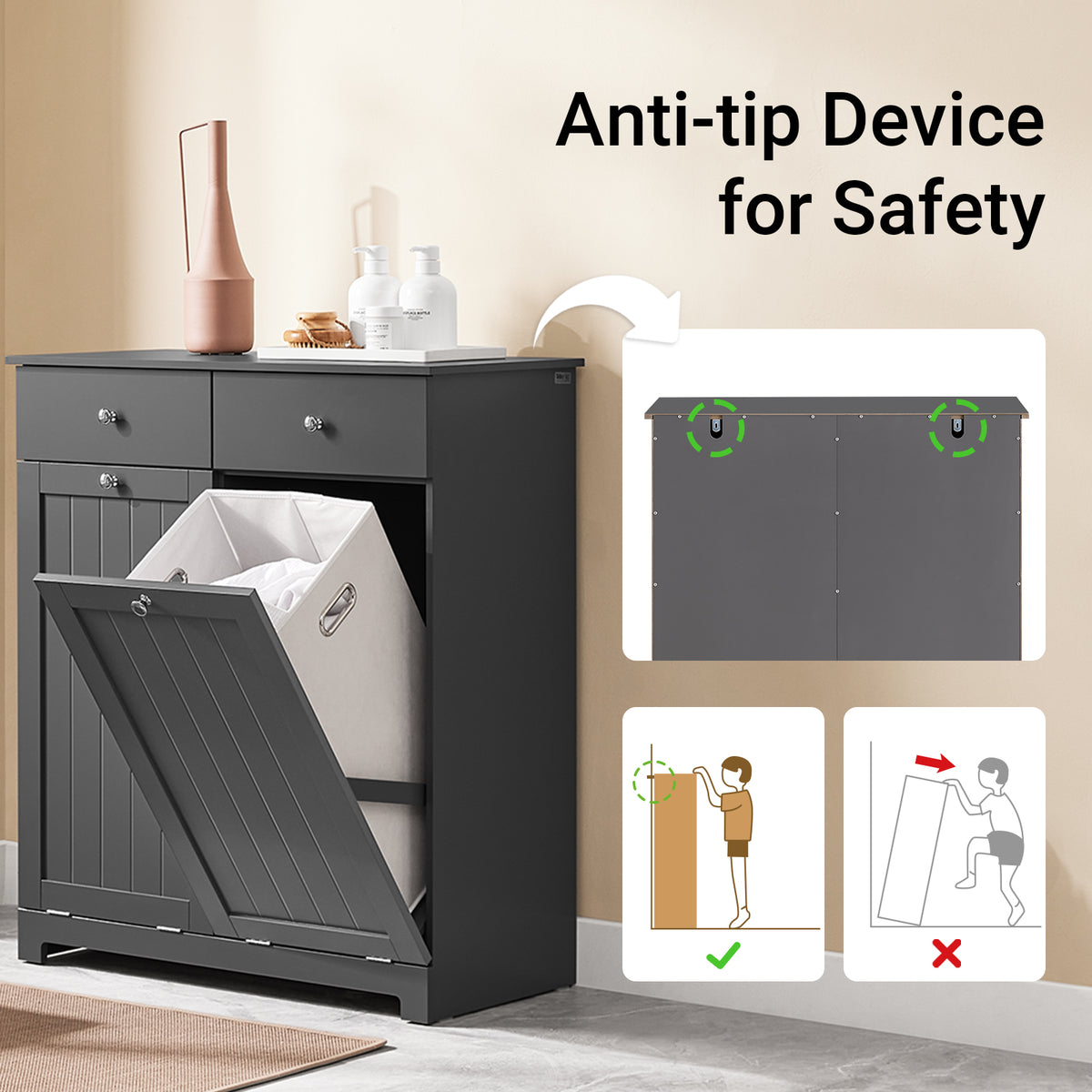 SoBuy BZR33-II-DG, Bathroom Cabinet with Laundry Baskets - Bathroom Storage Unit with 2 Drawers and 2 Removable Baskets, Laundry Cabinet for Towel Storage in MDF Grey, W78 x D38 x H90cm