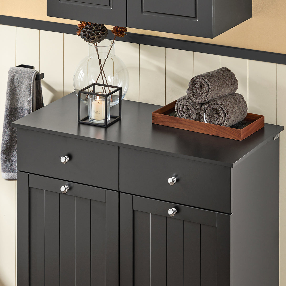 SoBuy BZR33-II-SCH, 2 Drawers 2 Doors Laundry Cabinet Laundry Chest with Laundry Baskets, Black, 78×38×90 cm