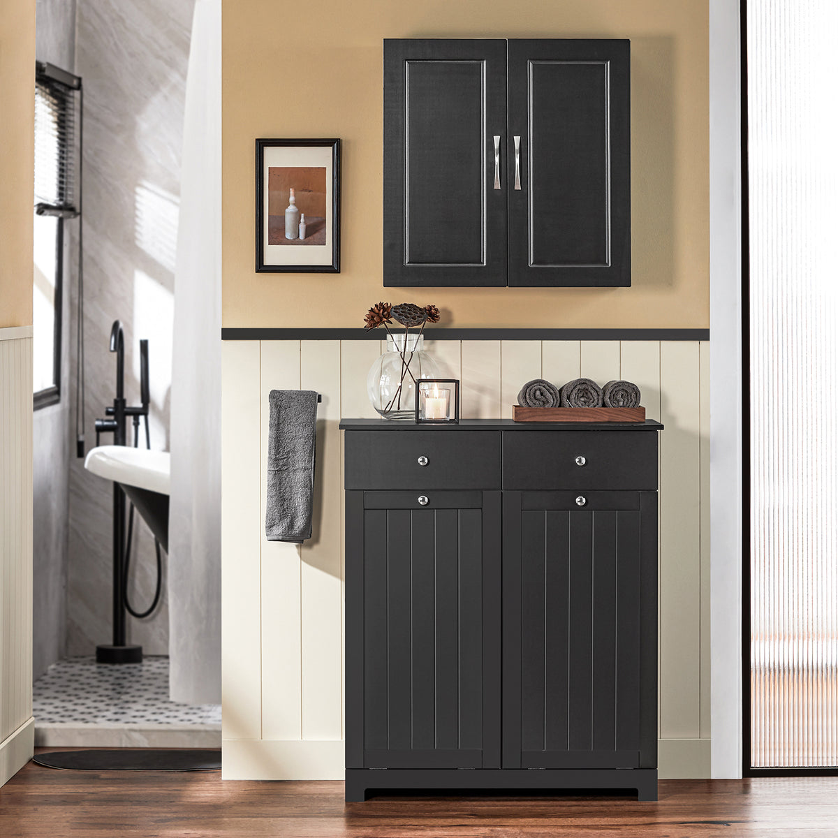 SoBuy BZR33-II-SCH, 2 Drawers 2 Doors Laundry Cabinet Laundry Chest with Laundry Baskets, Black, 78×38×90 cm
