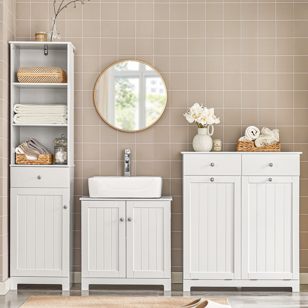 SoBuy BZR33 Series - White Bathroom Cabinet Set with Laundry Basket