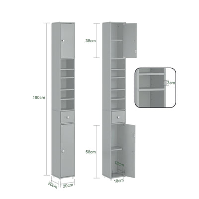 SoBuy BZR34-HG, Tall Bathroom Cabinet 20cm, Cupboard Bathroom Storage Cabinet, Water-Resistant MDF with Adjustable Shelves, Light Grey, W20 x D20 x H180cm