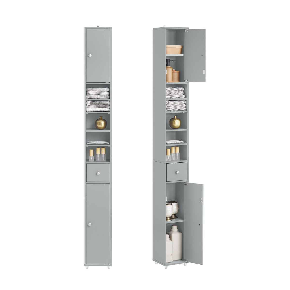 SoBuy BZR34-HG, Tall Bathroom Cabinet 20cm, Cupboard Bathroom Storage Cabinet, Water-Resistant MDF with Adjustable Shelves, Light Grey, W20 x D20 x H180cm
