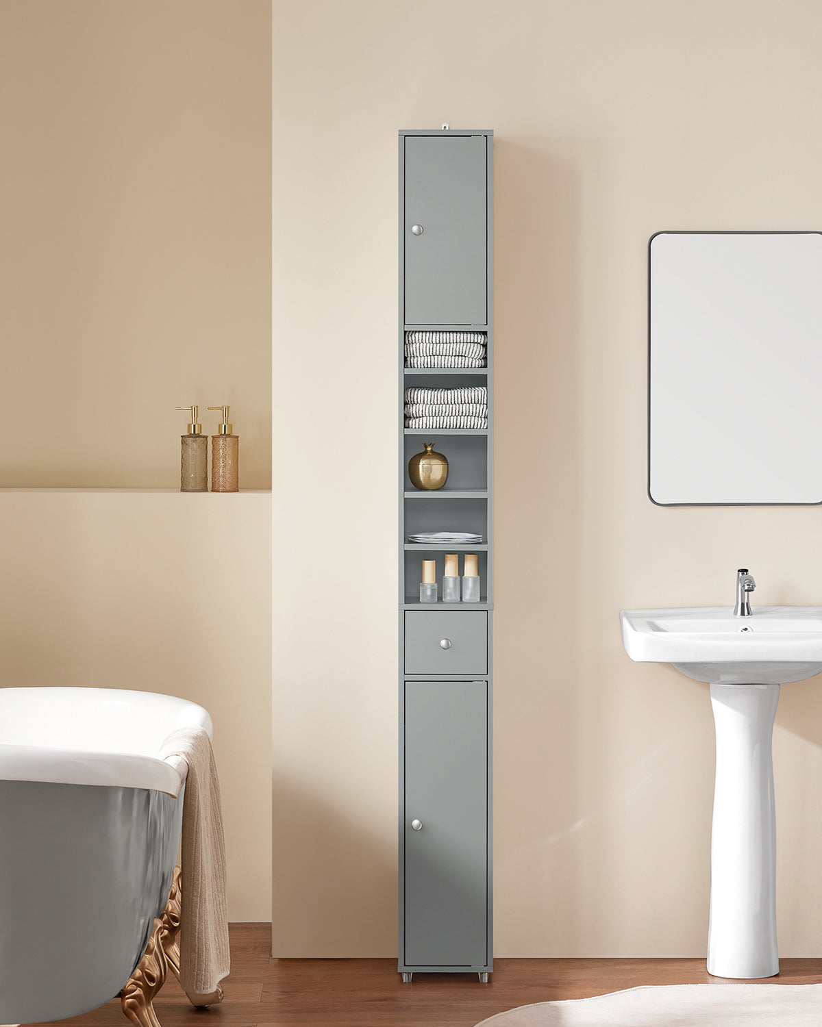 SoBuy BZR34-HG, Tall Bathroom Cabinet 20cm, Cupboard Bathroom Storage Cabinet, Water-Resistant MDF with Adjustable Shelves, Light Grey, W20 x D20 x H180cm