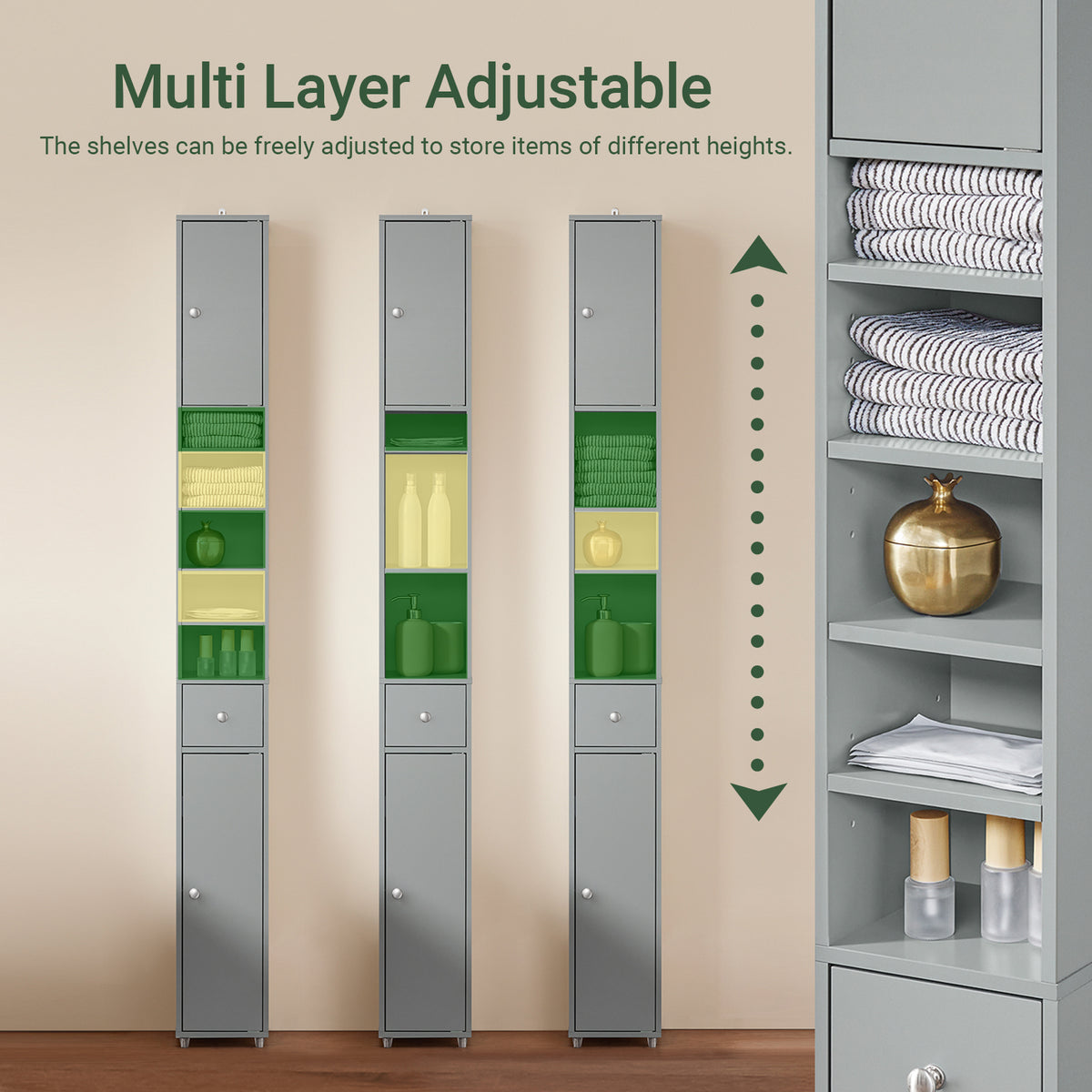 SoBuy BZR34-HG, Tall Bathroom Cabinet 20cm, Cupboard Bathroom Storage Cabinet, Water-Resistant MDF with Adjustable Shelves, Light Grey, W20 x D20 x H180cm