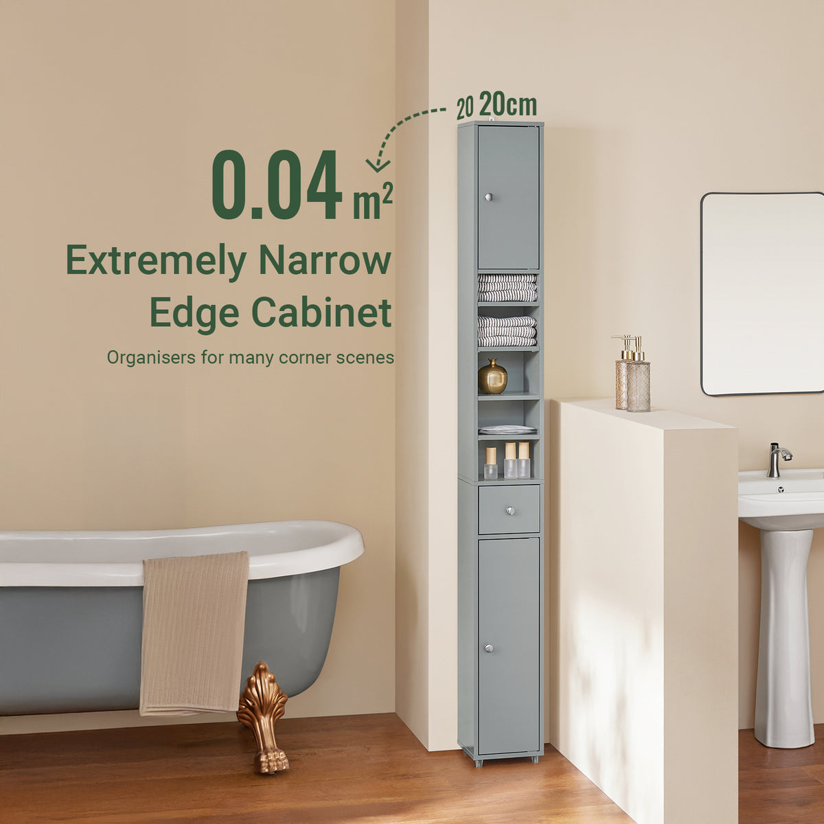 SoBuy BZR34-HG, Tall Bathroom Cabinet 20cm, Cupboard Bathroom Storage Cabinet, Water-Resistant MDF with Adjustable Shelves, Light Grey, W20 x D20 x H180cm
