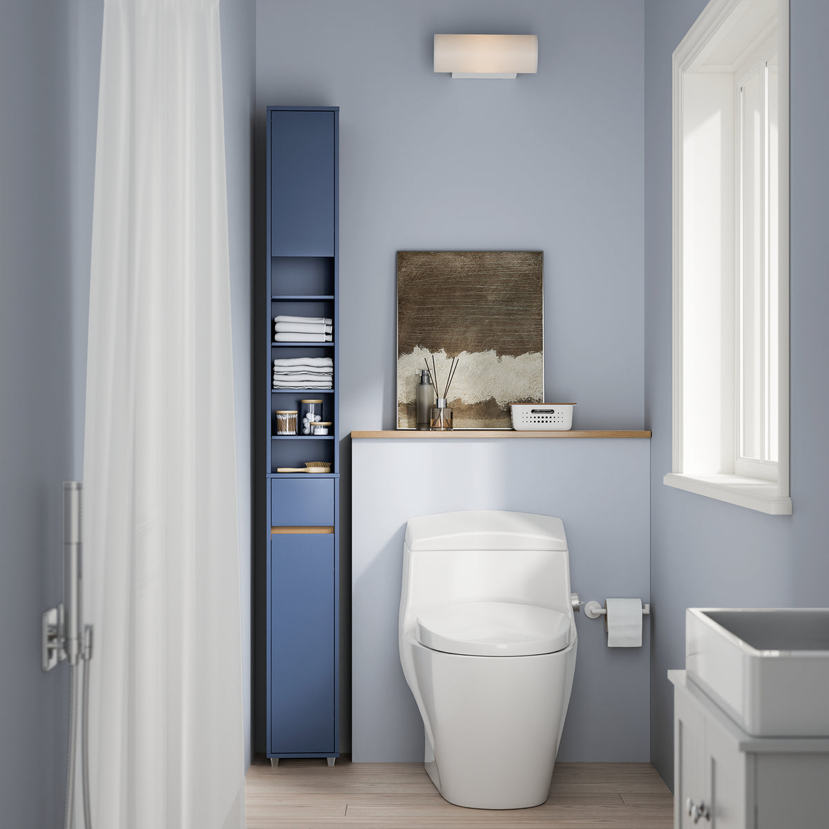 SoBuy BZR34-II-B narrow bathroom storage cupboard in bathroom setting – dark blue 180cm tall freestanding unit