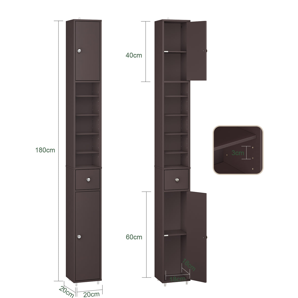 SoBuy BZR34-II-BR, Tall Bathroom Cabinet Solid Wood– Slim Bathroom Storage Unit Freestanding with Adjustable Shelves and Drawer Space-Saving Storage Cupboard 20x180x20cm, Brown, W20 x D20 x H180cm