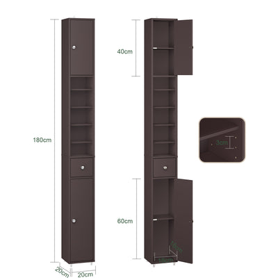 SoBuy BZR34-II-BR, Tall Bathroom Cabinet Solid Wood– Slim Bathroom Storage Unit Freestanding with Adjustable Shelves and Drawer Space-Saving Storage Cupboard 20x180x20cm, Brown, W20 x D20 x H180cm