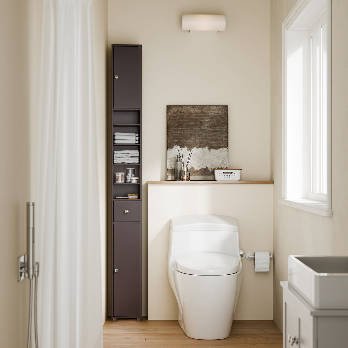 SoBuy BZR34-II-BR, Tall Bathroom Cabinet Solid Wood– Slim Bathroom Storage Unit Freestanding with Adjustable Shelves and Drawer Space-Saving Storage Cupboard 20x180x20cm, Brown, W20 x D20 x H180cm