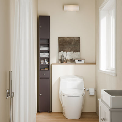 SoBuy BZR34-II-BR, Tall Bathroom Cabinet Solid Wood– Slim Bathroom Storage Unit Freestanding with Adjustable Shelves and Drawer Space-Saving Storage Cupboard 20x180x20cm, Brown, W20 x D20 x H180cm