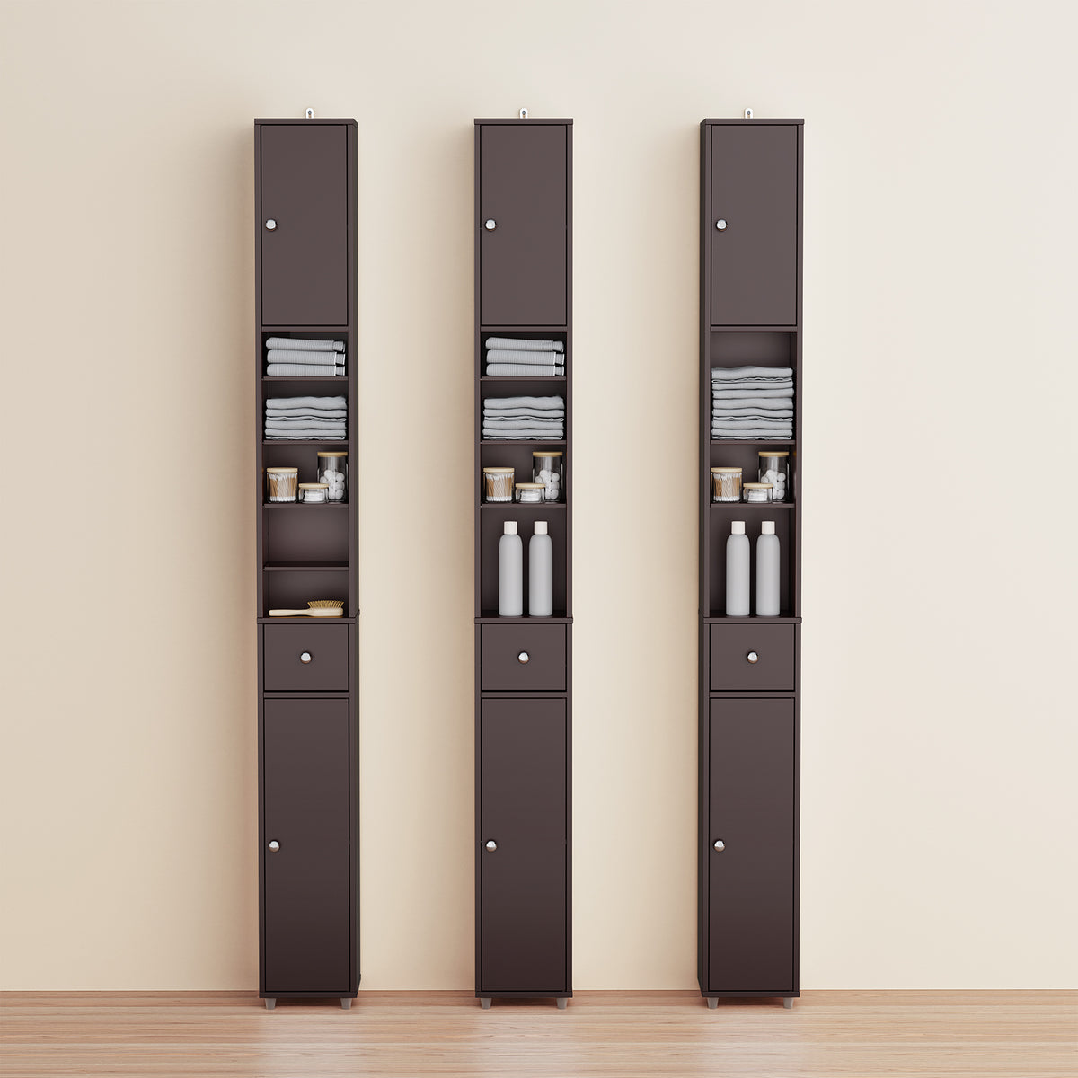SoBuy BZR34-II-BR, Tall Bathroom Cabinet Solid Wood– Slim Bathroom Storage Unit Freestanding with Adjustable Shelves and Drawer Space-Saving Storage Cupboard 20x180x20cm, Brown, W20 x D20 x H180cm